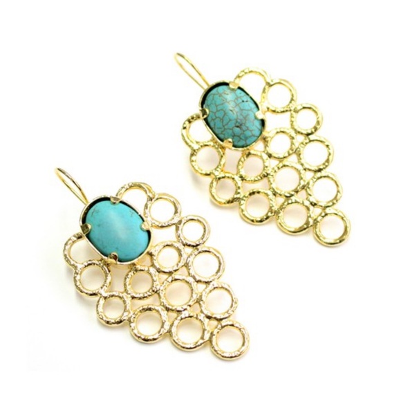 Handmade Gold Plated Turquoise Statement Earrings – Boho Chic NWT - Picture 1 of 5